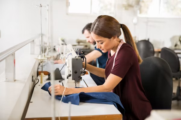 Machinists working at sewing machines in a garment workroom