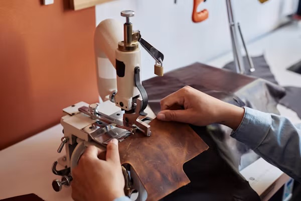 Leather being stitched on a post-bed machine, as used for shoe uppers