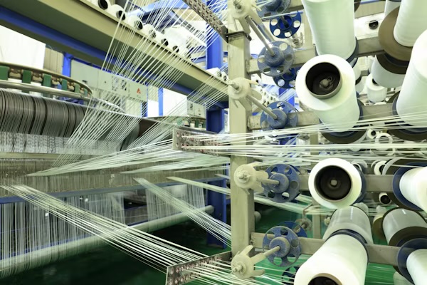 Yarn cones feeding a machine in a textile mill